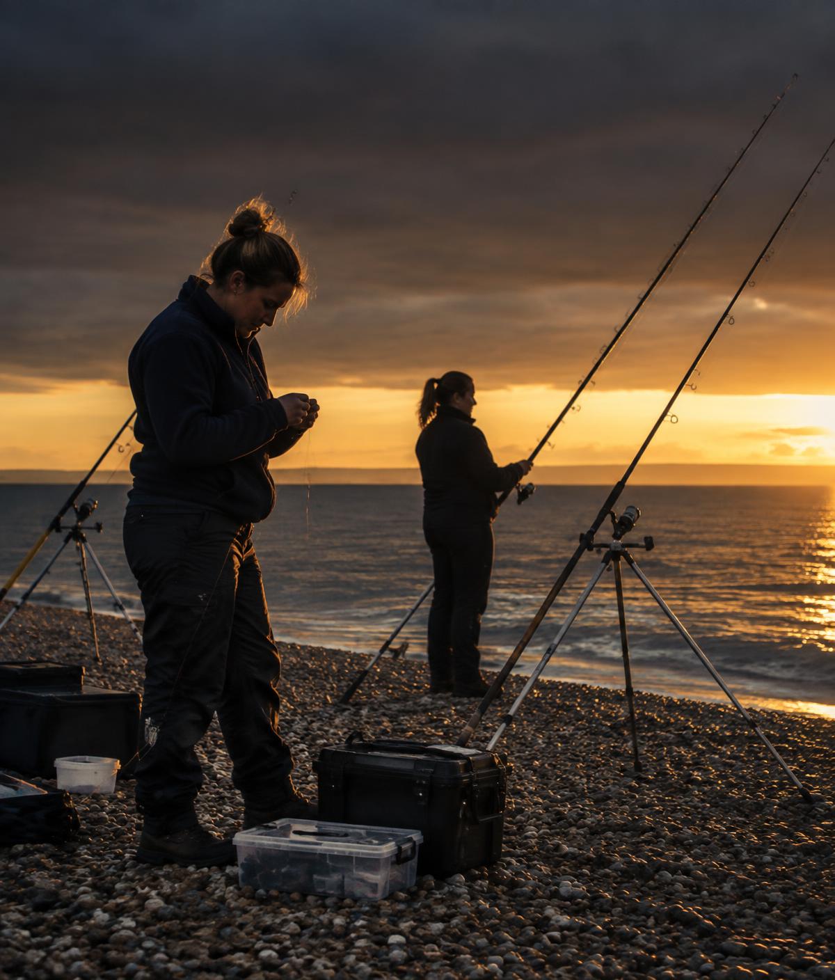 Two women anglers preparing tackle on a shingle beach at sunset